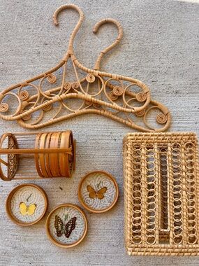 Woven Rattan Hangers, Tissue Basket and Butterfly Coasters in Natural Honey